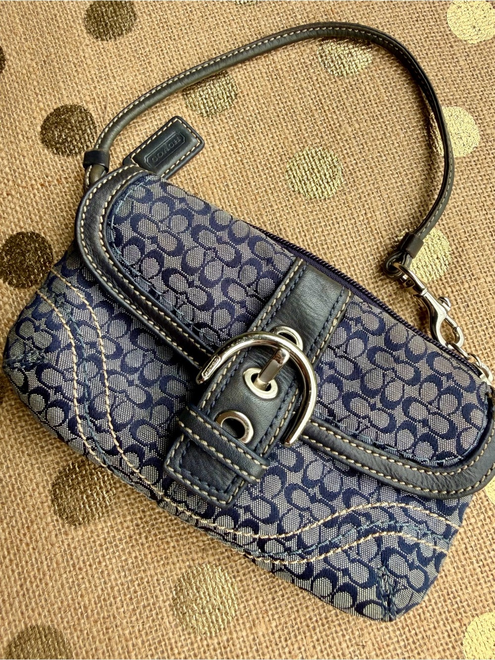 Coach Navy Signature Canvas Wristlet with Blue Leather Trim ~Y2K